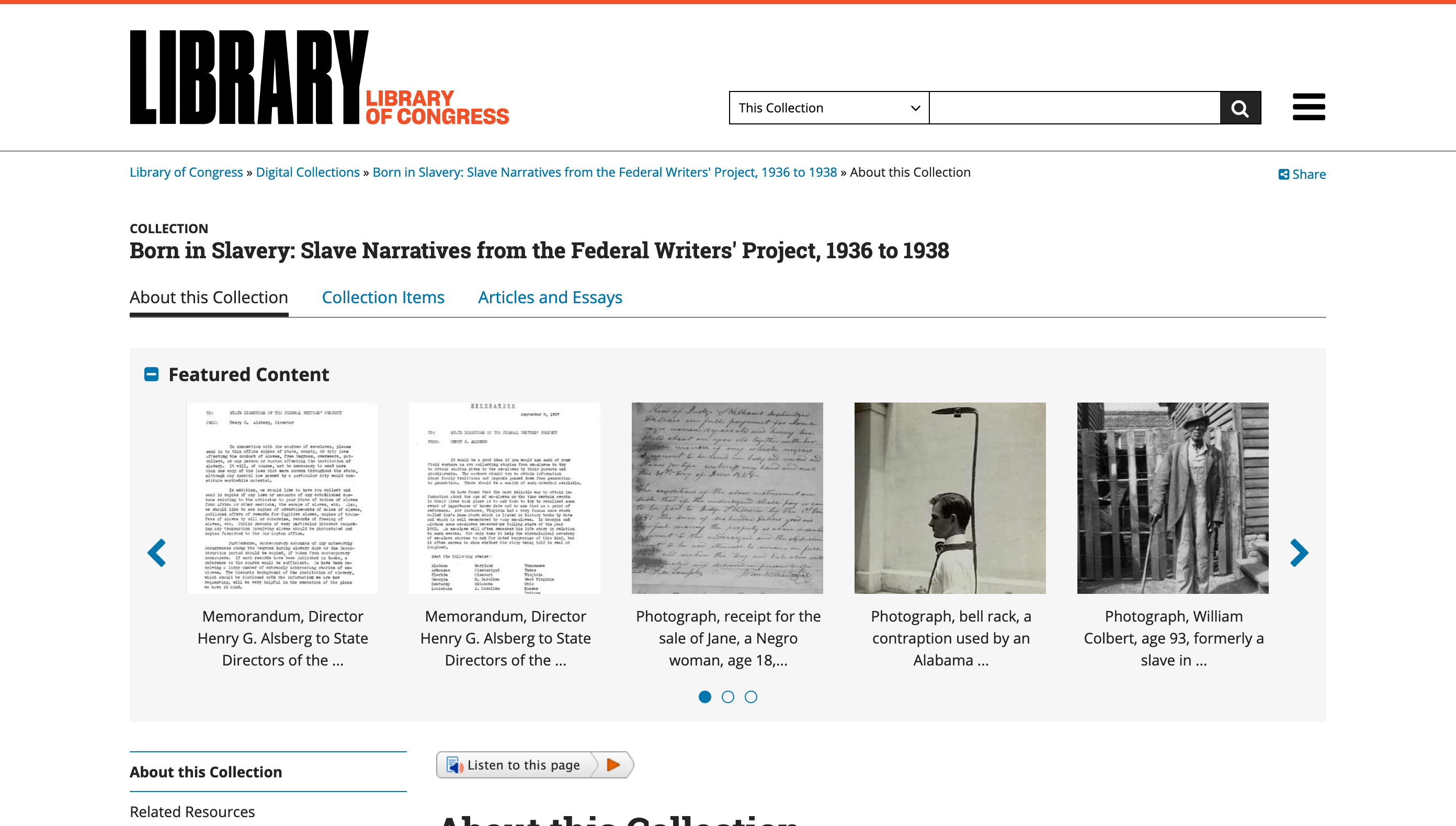 Born in Slavery: Slave Narratives from the Federal Writers' Project:1936 to 1938