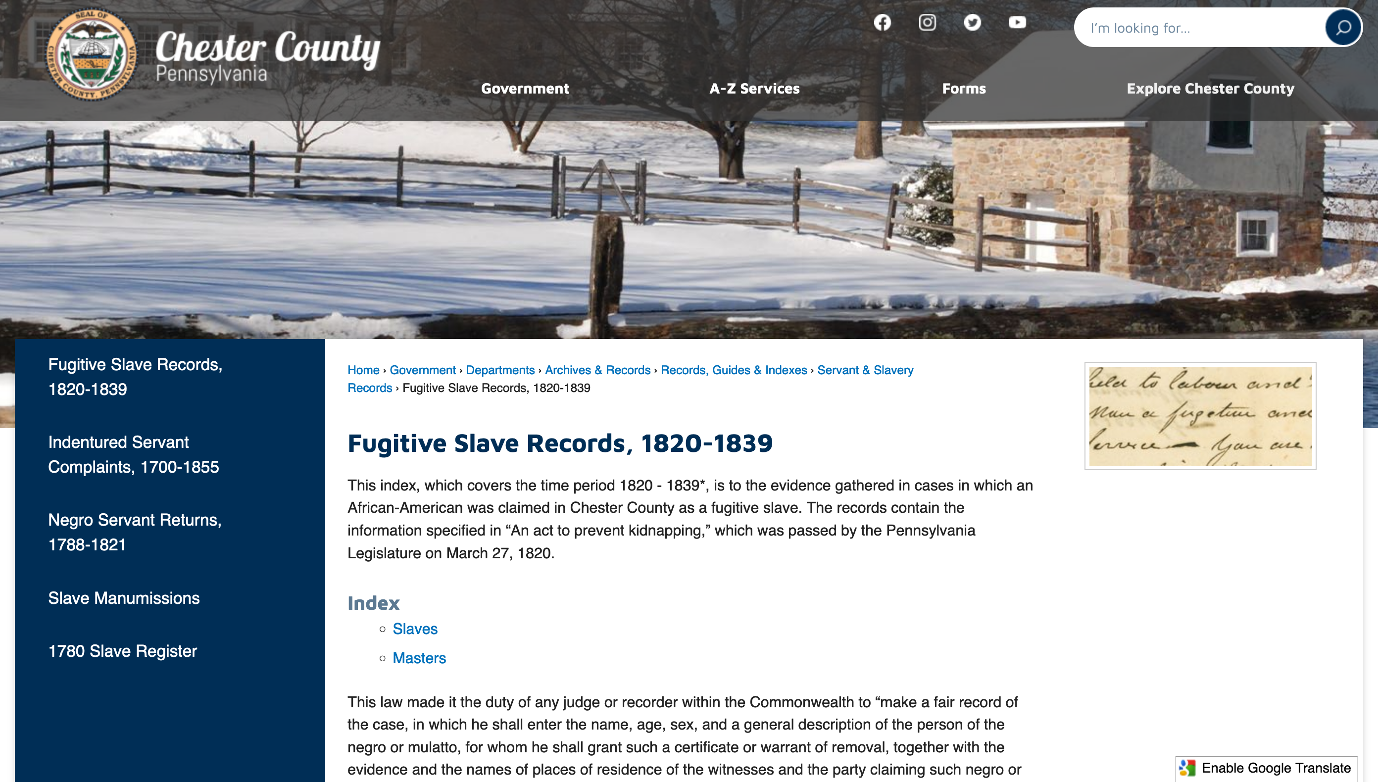 Fugitive Slave Records, 1820-1839 - Chester County, Pennsylvania